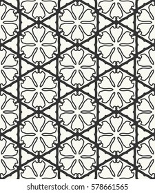 Seamless geometric line pattern. Interlacing texture for wallpaper, banners, invitation cards, fabric print. Tribal ethnic linear seamless background in indian, islamic, arabic style. Black and white