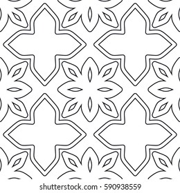 Seamless geometric line pattern. Interlacing texture for wallpaper, banners, invitation cards, fabric print. Tribal ethnic linear seamless background in indian, islamic, arabic style. Black and white