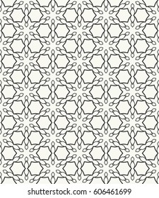 Seamless geometric line pattern. Interlacing linear texture for wallpaper, packaging, banners, invitations, business cards, fabric print. Interweaving black and white graphic sketch background