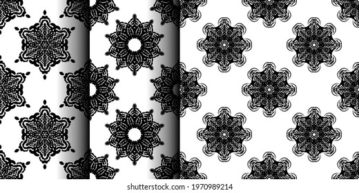 Seamless geometric line pattern set in eastern or arabic style. Black and white background. Good for clothing and textiles.