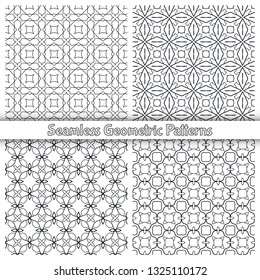 Seamless geometric line patterns set, black on white background. Repeating linear texture. Vector collection for flyer, poster, cover, card, textile fabric print