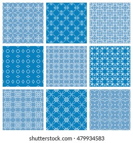 Seamless geometric line patterns set. Contemporary graphic design. Endless texture for wallpaper, pattern fills, web page line backgrounds. Monochrome blue and white geometric ornaments.