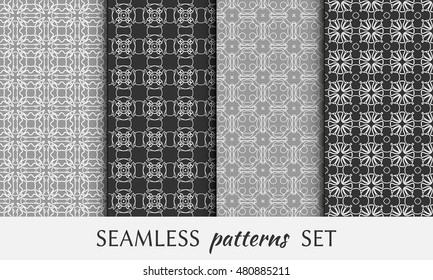 Seamless geometric line patterns set. Contemporary graphic design. Endless texture for wallpaper, pattern fills, web page line backgrounds. Black and white geometric ornaments.