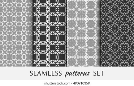 Seamless geometric line patterns set. Contemporary graphic design. Endless texture for wallpaper, pattern fills, cards or invitations. Seamless lace backgrounds. Monochrome geometric ornaments.