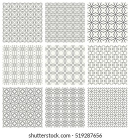 Seamless geometric line patterns set. Contemporary graphic design. Endless texture for wallpaper, pattern fills, web page line backgrounds. Monochrome geometric ornaments.
