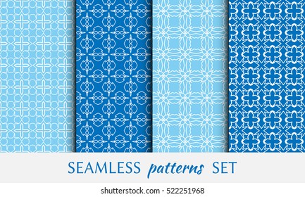 Seamless geometric line patterns set. Endless lace texture for wallpapers, pattern fills, invitations, cards, banners, flyers. Colorful seamless linear backgrounds collection, tribal ethnic ornament