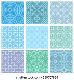 Seamless geometric line patterns set. Contemporary graphic design. Endless texture for wallpaper, pattern fills, web page line backgrounds. Tribal ethnic arabic, indian motifs, pastel colors ornaments