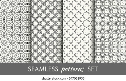 Seamless geometric line patterns set. Contemporary graphic design. Endless linear texture for wallpaper, pattern fill, invitation, card, banner, flyer. Black and white seamless backgrounds collection