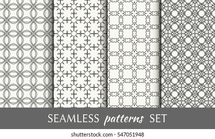 Seamless geometric line patterns set. Contemporary graphic design. Endless linear texture for wallpaper, pattern fill, invitation, card, banner, flyer. Black and white seamless backgrounds collection
