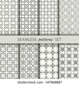 Seamless geometric line patterns set. Contemporary graphic design. Endless linear texture for wallpaper, pattern fill, invitation, card, banner, flyer. Black and white seamless backgrounds collection