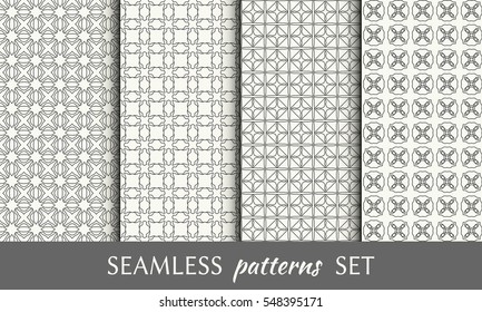 Seamless geometric line patterns set. Contemporary graphic design. Endless linear texture for wallpaper, pattern fill, invitation, card, banner, flyer. Black and white seamless backgrounds collection