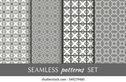 Seamless geometric line patterns set. Contemporary graphic design. Endless linear texture for wallpaper, pattern fill, invitation, card, banner, flyer. Monochrome seamless backgrounds collection