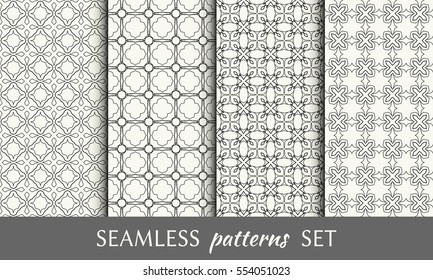 Seamless geometric line patterns set. Contemporary graphic design. Endless linear texture for wallpaper, pattern fill, invitation, card, banner, flyer. Seamless black and white backgrounds collection