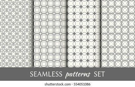 Seamless geometric line patterns set. Contemporary graphic design. Endless linear texture for wallpaper, pattern fill, invitation, card, banner, flyer. Seamless black and white backgrounds collection