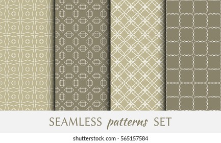 Seamless geometric line patterns set. Endless linear trendy graphic texture for wallpaper, packaging, pattern fill, invitation card, banner, flyer, fabric . Golden brown and white seamless backgrounds