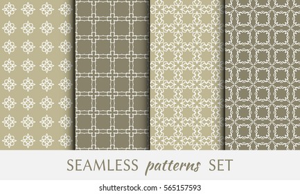 Seamless geometric line patterns set. Endless linear trendy graphic texture for wallpaper, packaging, pattern fill, invitation card, banner, flyer, fabric . Golden brown and white seamless backgrounds