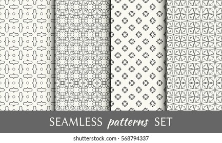 Seamless geometric line patterns set. Contemporary graphic design. Endless linear texture for wallpaper, pattern fill, invitation, card, banner, flyer. Black and white seamless backgrounds collection