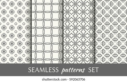 Seamless geometric line patterns set. Endless linear trendy graphic texture for wallpaper, packaging, pattern fill, invitation, card, banner, flyer, fabric . Black and white seamless backgrounds
