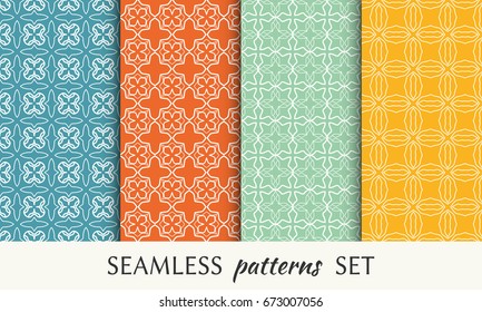 Seamless geometric line patterns set. Colorful linear backgrounds collection. Endless repeating graphic texture for wallpaper, packaging, banners, invitations, business cards, fabric print