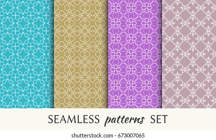 Seamless geometric line patterns set. Colorful linear backgrounds collection. Endless repeating graphic texture for wallpaper, packaging, banners, invitations, business cards, fabric print