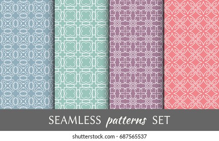 Seamless geometric line patterns set. Colorful linear backgrounds collection. Endless repeating graphic texture for wallpaper, packaging, banners, invitations, business cards, fabric print