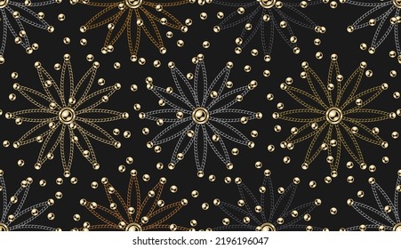 Seamless geometric luxe pattern with camomile flower of metallic chains, scattering of shiny ball beads, buttons. Gold, silver, copper, black chains. Vector Illustration.
