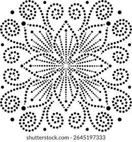 Seamless Geometric Mandala Design Pattern of Central Floral Element with Peripheral Springs, Polka dot floral Vector illustration drawn in flat dotted style for embroidery, fabric, cushion, curtains
