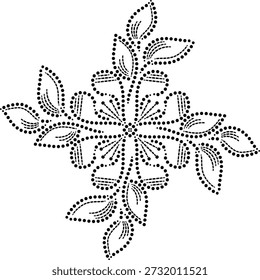 Patrón geométrico inconsútil del diseño del mandala de la flor punteada central con los pétalos en forma de coma de la Imagen del espejo con la textura rayada con el racimo periférico de hojas que se arremolinan, Ilustración vectorial floral punteada dibujada a mano de la flor central punteada del pétalo del cuádruple con las hojas rayadas que se arremolinan periféricas para el bordado, la tela, el cojín, las cortinas, la alfombra, el Fondo de pantalla, las tejas, los laminados etc