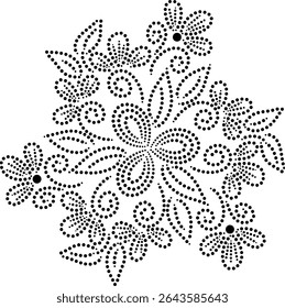Seamless Geometric Mandala Pattern of Central Radiating Triangular Flower Petals with Concentric circular rings with Peripheral Swirling Flowers and Leaves, Dotted Floral Embroidery Design Element 