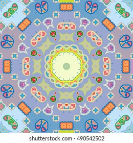 Seamless geometric mandala pattern, colorful repeating texture, seamless background. Contemporary graphic design, ethnic ornament. Vector illustration