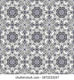 Nahtlose geometrische Mandala Muster in weißgrauem violettem Weiß, Gewebe wiederholt Textur.