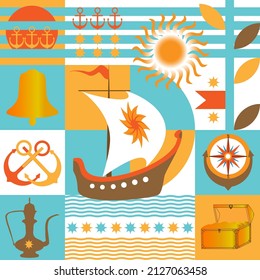 Seamless geometric marine pattern with sailboat.