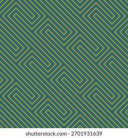 Seamless geometric maze line pattern with teal background and yellow lines for modern design projects