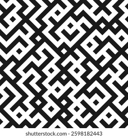 Seamless geometric maze pattern in black and white. Monochrome Abstract Labyrinth Background. Perfect for textile design, wallpapers, packaging, interior Design