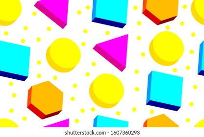 Seamless geometric memphis 3D pattern, vector background in 80s style, abstract shapes