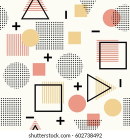 Seamless geometric memphis pattern, vector illustration on white background