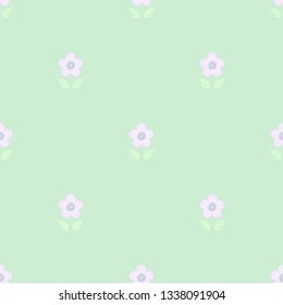Seamless geometric minimalist symmetrical pattern with small pastel violet pink flowers and soft green leaves on light green background. Repeat botanical pattern. Vector illustration.