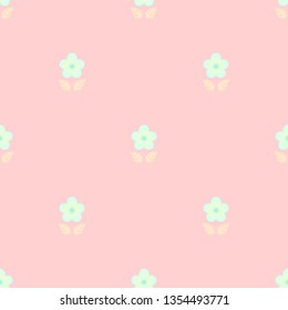 Seamless geometric minimalist symmetrical pattern with small pastel turquoise flowers and soft pale orange leaves on light coral pink background. Repeat botanical pattern. Vector illustration.