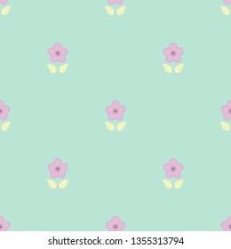 Seamless geometric minimalist symmetrical pattern with small pastel violet flowers and soft yellow leaves on light tiffany blue background. Repeat symmetrical botanical pattern. Vector illustration.