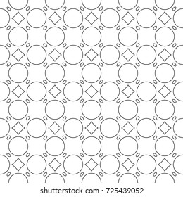 Seamless geometric minimalistic pattern in black circle, oval and square, repeating abstract white background.