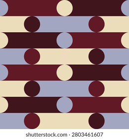 Seamless geometric modern pattern with dark plum horizontal stripes, cream and pale blue bands, and alternating round dots. Rows of burgundy, cream and blue circles repeat across a square background.