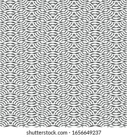 Patrón monocromo geométrico sin inconvenientes. Líneas vectoriales curvadas de repetición en negro. Para la cubierta, de tarjetas, papel pintado, tela. Diseño de entramado gráfico.