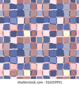 Seamless geometric mosaic checked pattern. Background of woven rectangles and squares. Patchwork, ceramic, tile texture. Cold, pastel, variegated, blue, brown, rose, gray colors. Winter theme. Vector