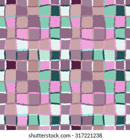 Seamless geometric mosaic checked pattern. Background of woven rectangles and squares. Patchwork, ceramic, tile texture. Cold, pastel, light, turquoise, brown, rose, gray colors. Winter theme. Vector