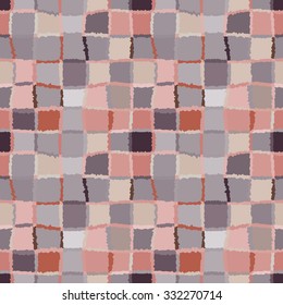 Seamless geometric mosaic checked pattern. Background of woven rectangles and squares. Patchwork, ceramic, tile texture. Soft, pastel, variegated, gray, orange, rose colors. Winter theme. Vector