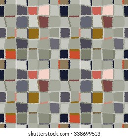 Seamless geometric mosaic checked pattern. Background of woven rectangles and squares. Patchwork, ceramic, tile texture. Cold, pastel, motley, gray, green, orange colors. Winter theme. Vector