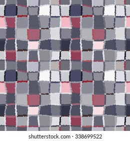 Seamless geometric mosaic checked pattern. Background of woven rectangles and squares. Patchwork, ceramic, tile texture. Cold, pastel, motley, gray, rose, blue, vinous colors. Winter theme. Vector
