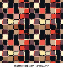 Seamless geometric mosaic checked pattern. Background of rectangles, squares. Patchwork, ceramic, tile texture. Warm, bright, brown, yellow, red colors. Winter, coffee, chocolate theme. Vector