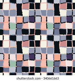 Seamless geometric mosaic checked pattern. Background of woven rectangles, squares. Patchwork, ceramic, tile texture. Cold, pastel, gray, white, black, green, rose colors. Winter theme. Vector