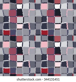 Seamless geometric mosaic checked pattern. Background of woven rectangles and squares. Patchwork, ceramic, tile texture. Soft, pastel, variegated, gray, vinous, rose colors. Winter theme. Vector